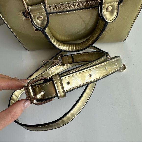 Vintage Faux Leather Patent Small Satchel Handbag w/ Crossbody Strap in Gold - Picture 7 of 11